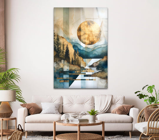 The landscape glass wall art shows an abstract geometric golden sun and mountain motif and is perfect for modern decor and nature inspired wall art