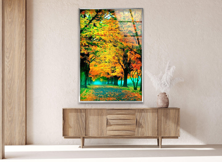 Autumn trees glowing in golden hues, creating a tranquil and inviting atmosphere.

