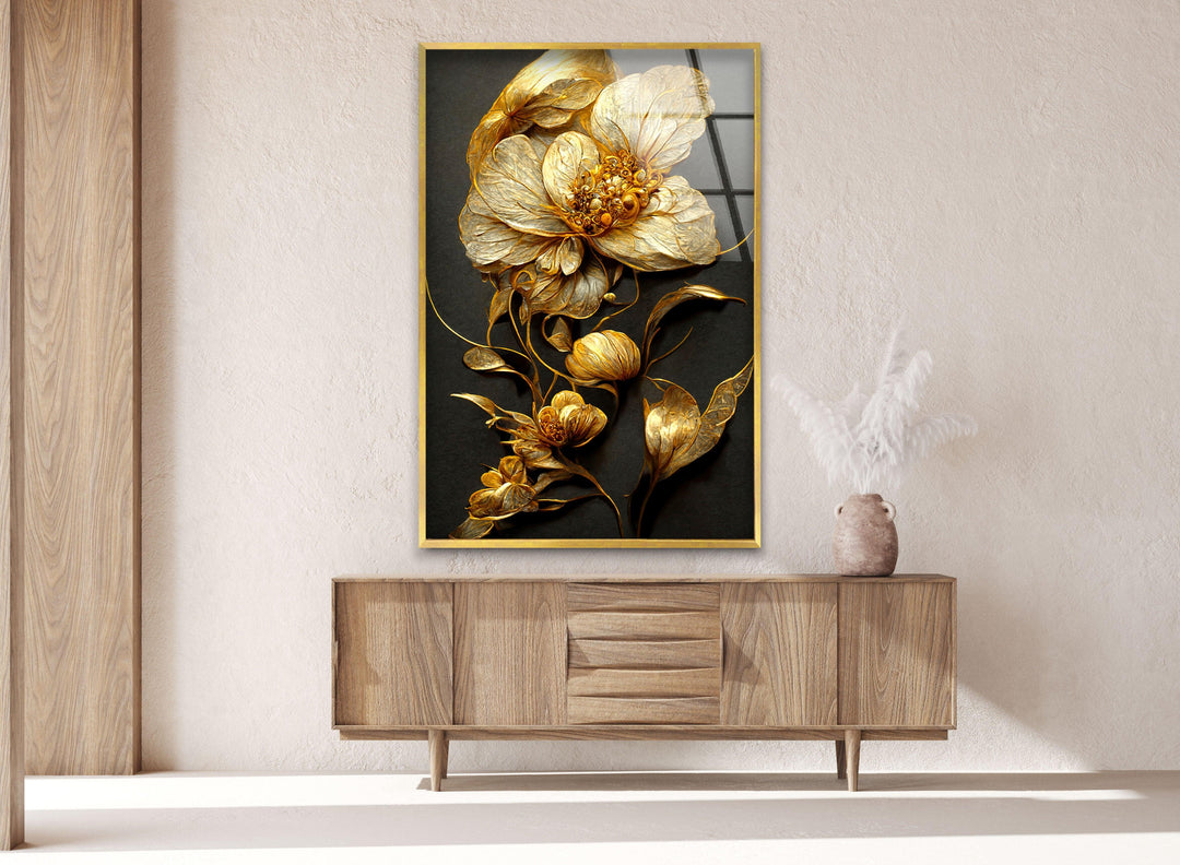 Elegant Golden Flower Glass Wall Art, art glass wall art, glass wall art pictures