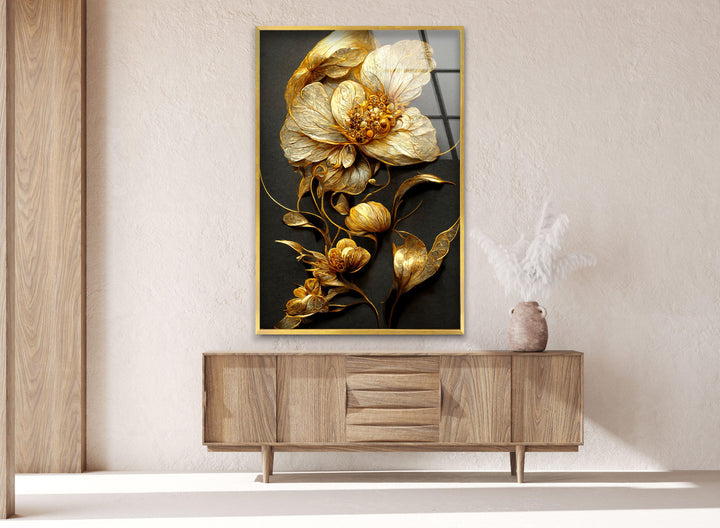 Elegant Golden Flower Glass Wall Art, art glass wall art, glass wall art pictures
