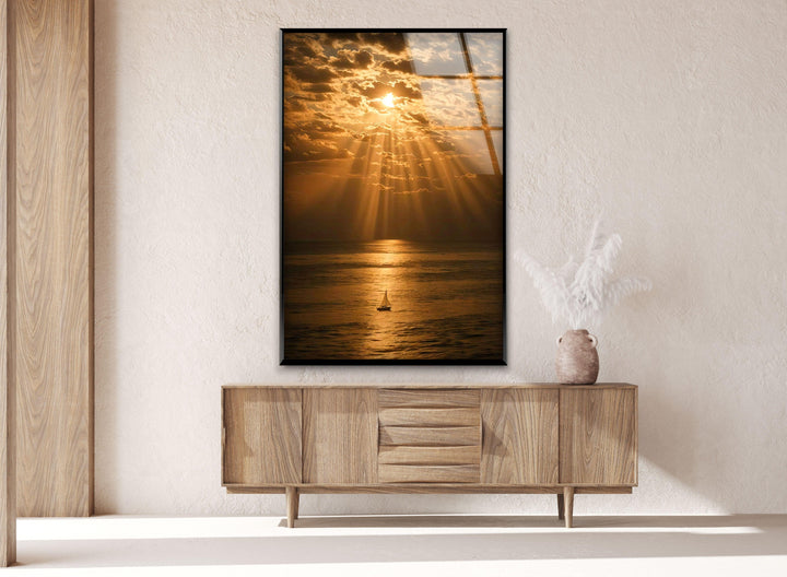 Sunset Reflections: Golden Sailing Boat - A tranquil scene with golden hues and a boat navigating calm waters, bringing warmth to any room.
