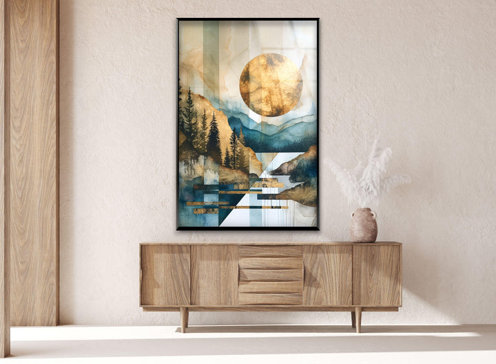 Stunning Abstract Golden Sun Glass Wall Art with mountains, nature, and geometric shapes.
