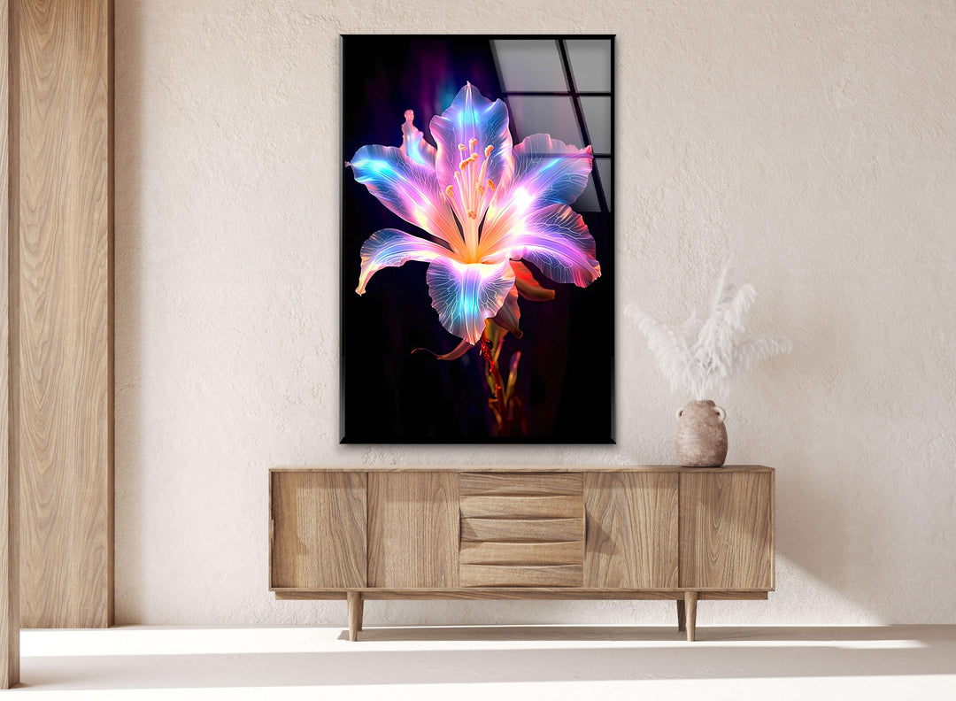 Neon Lily Flower Glass Wall Art, glass photo prints, glass picture prints