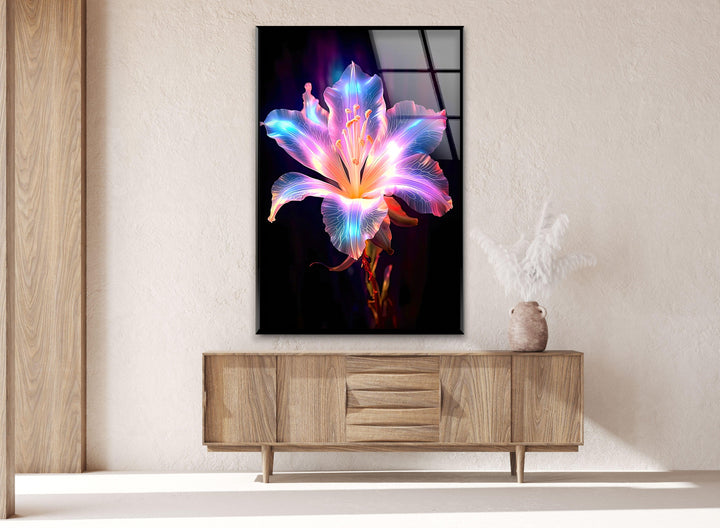 Neon Lily Flower Glass Wall Art, glass photo prints, glass picture prints