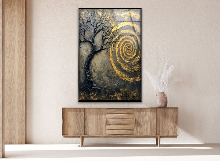 Golden Vortex and Tree Unique Glass Panel Artwork for Walls
