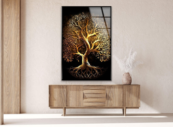 Golden Life of Tree Glass Wall Art, glass pictures for Wall, glass prints wall art