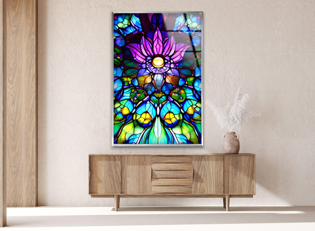 Stained Purple Floral Glass Wall Art, glass art painting, glass art for the Wall