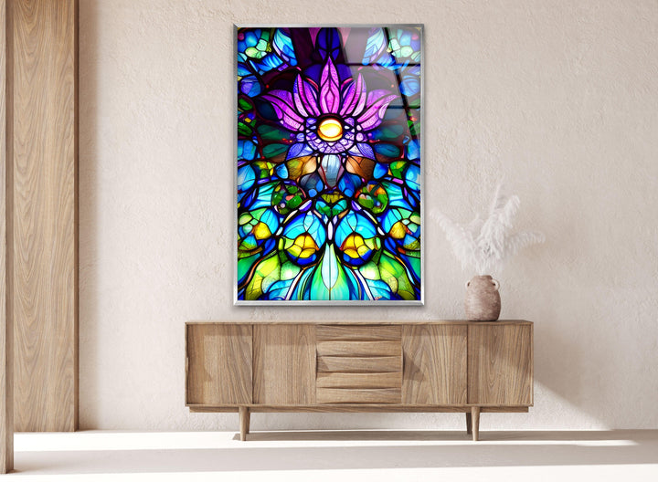 Stained Purple Floral Glass Wall Art, glass art painting, glass art for the Wall