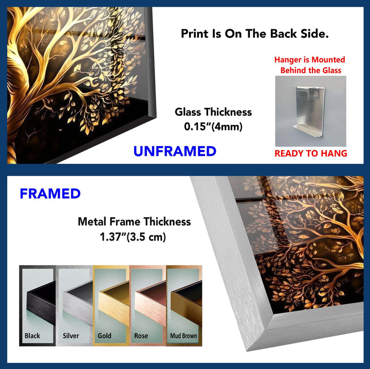 Golden Life of Tree Glass Wall Art, custom glass pictures, glass art prints