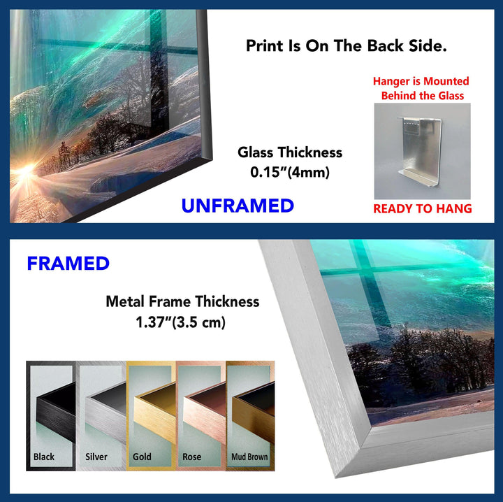 Ethereal Light Gateway: Eine surreale Winterlandschaft als Wandbild aus Glas