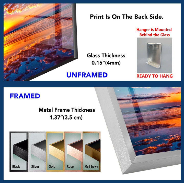 Golden Sunset Reflections: Ein bezaubernder Strand-Sonnenuntergang-Kunstdruck auf Glas