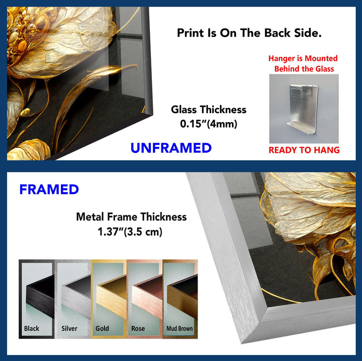 Elegant Golden Flower Glass Wall Art, photo print on glass, prints on glass wall art