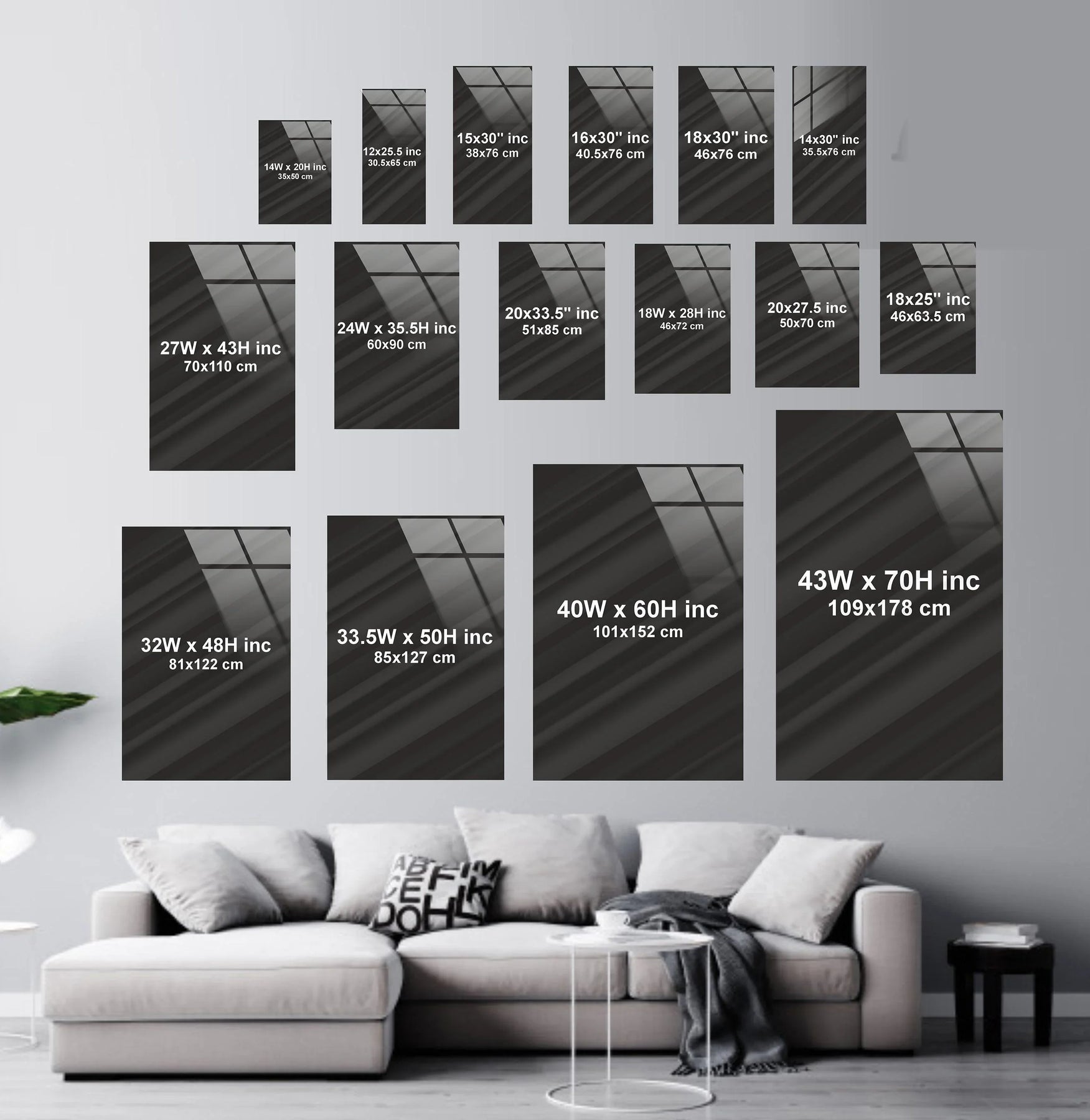 Strawberry Cupcakes glass wall art featuring colorful abstract shapes displayed above a sofa in a modern living room setting.