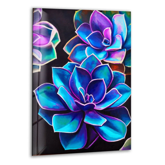 Vibrant purple and blue succulents pop from the black background, framed by a sleek edge on this glass wall art decor.