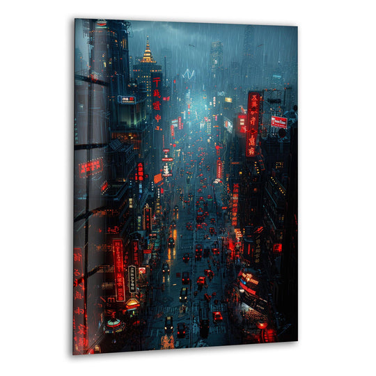 High-quality City Street View tempered glass wall artwork showcases vibrant details and luminous clarity in its presentation of a rainy urban scene.