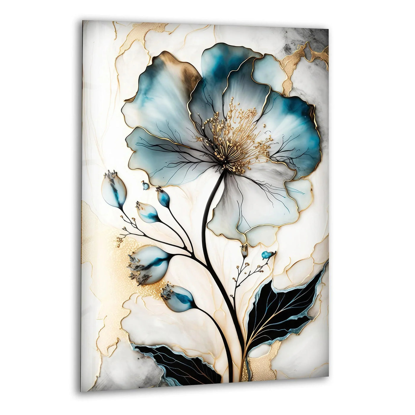 Abstract organic forms of a flowing blue and gold flower bloom on this elegant glass art.