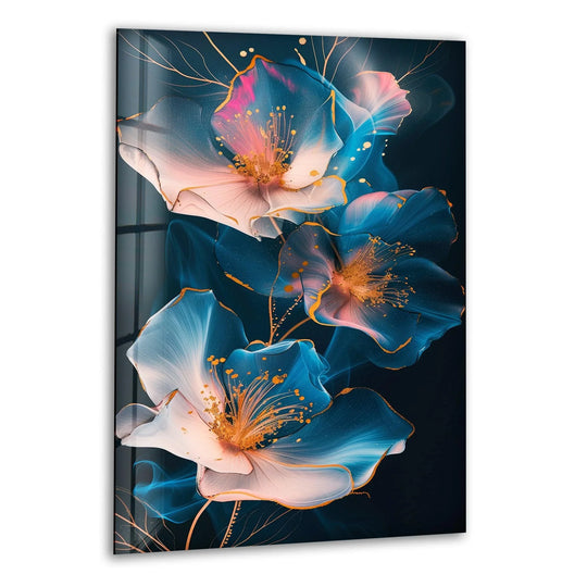 Three ethereal glass flowers with defined gold edges and geometric stamen glow on this striking hanging wall art.