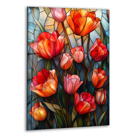 Smooth, beveled edges frame this stained red tulips decorative wall art, enhancing its vibrant floral design with an elegant border.
