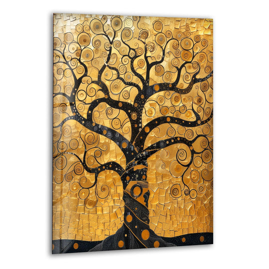 Gold mosaic finish and intricate details highlight the shimmering wall art prints in this 'Mosaic Golden Tree Of Life Glass Wall Art.'