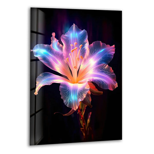 Showing the realistic detail, the neon lily flower glass wall art showcases intricate petal patterns with vibrant, luminous colors through fine glass art.