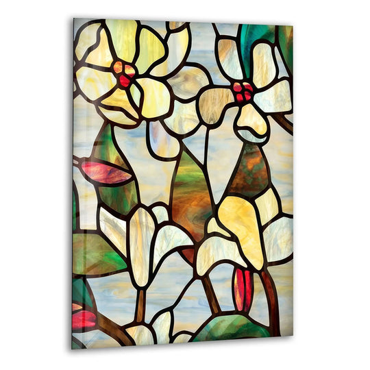 Highlighting the color contrast, this stained floral glass wall art showcases a vibrant interplay of rich hues, offering unique modern wall decor with its flower motif.