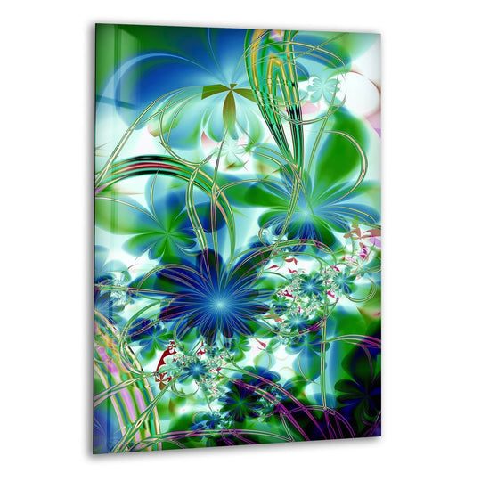 Soft light washes over the abstract floral design of the green fractal floral glass wall art, showcasing the beauty of tempered glass printing.