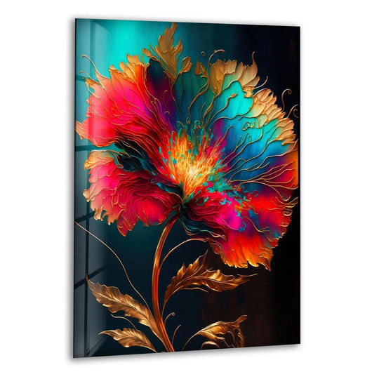 Ethereal mood radiates from the gold and red alcohol ink flower glass wall prints, creating a luxury floral design with vibrant colors.