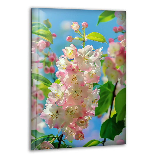 Delicate pink and white cherry blossoms burst forth against a vibrant azure sky in this stunning glass printing.