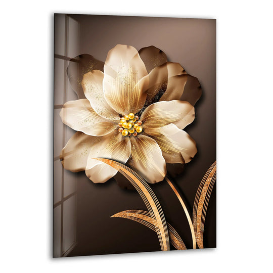 A luxurious golden flower glass print wall art with shimmering pollen accents and elegant gold leaves.