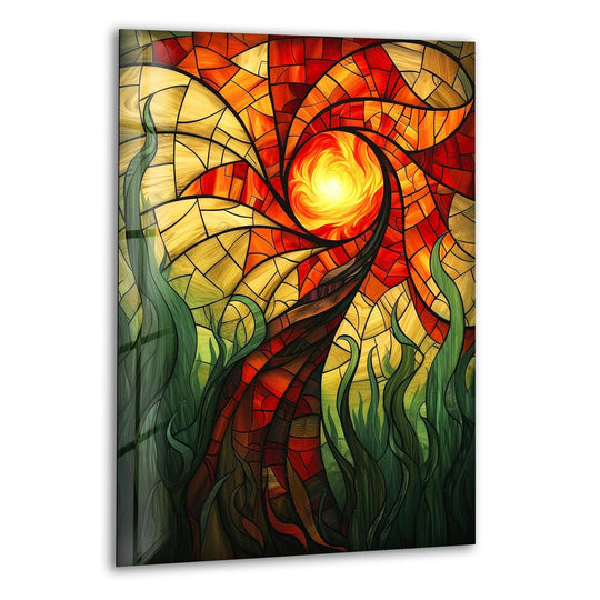 An abstract glass art painting swirls with vibrant, fiery hues and organic green forms.