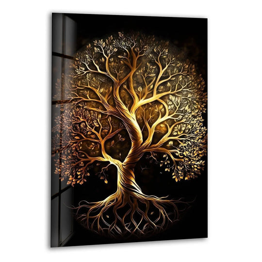 Golden Life of Tree Glass Wall Art, print picture on glass, Tempered Glass Wall Art