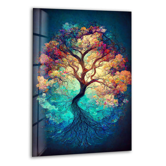 Negative space around the colorful Old Big Green Tree reveals striking art from glass, enhancing the tree's ethereal form against the deep teal backdrop.