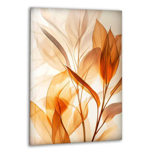 Flower glass wall art featuring watercolor orange leaves and leaf wall art with vivid botanical art details