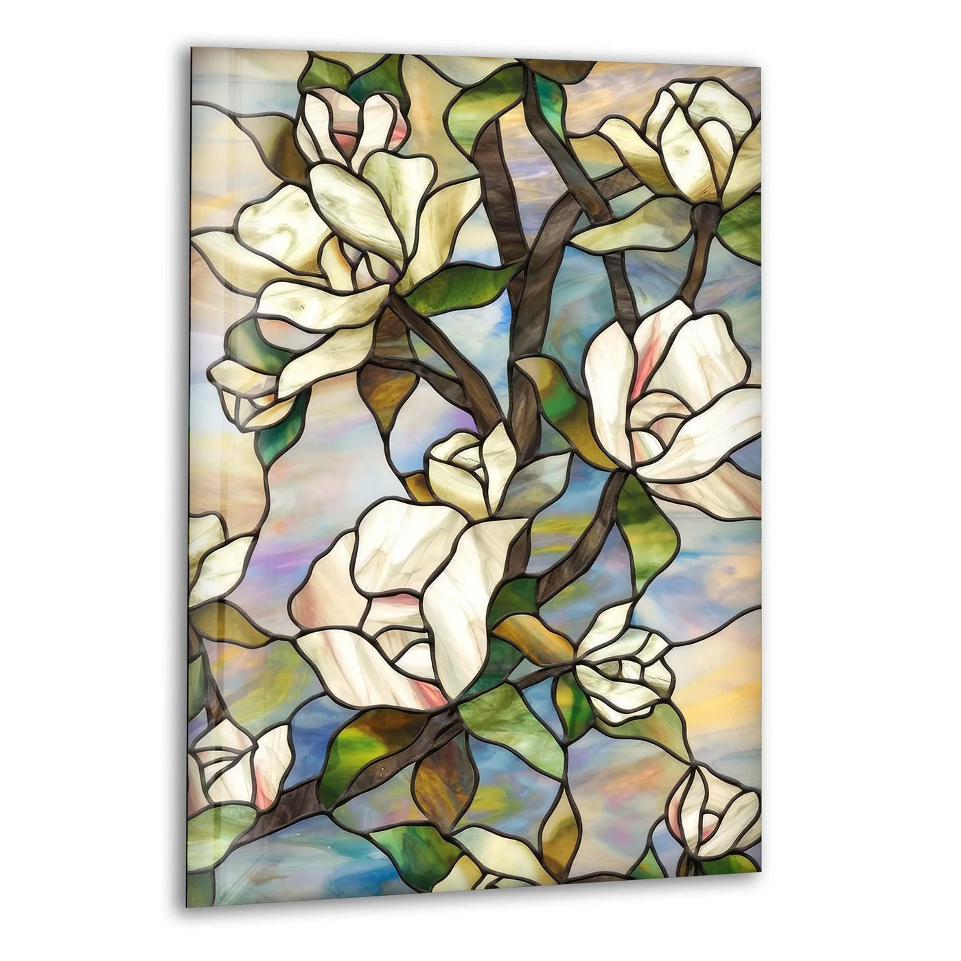 Magnolia stained glass art features soft white petals transitioning through a serene sky of blue, lavender, and warm yellow hues.