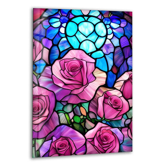 Pink Roses Stained Glass Wall Art, print on glass, glass printed photos