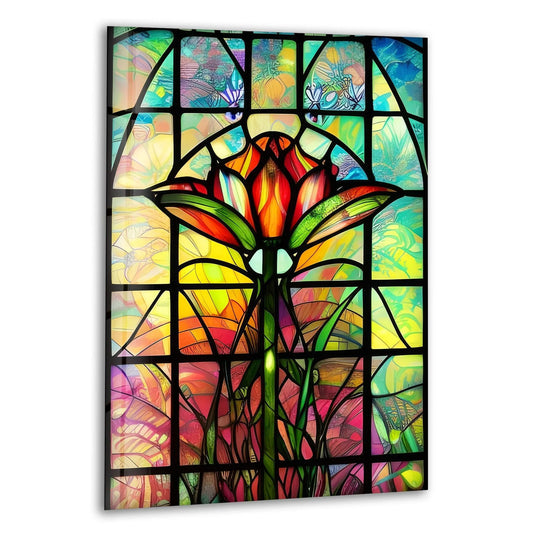 Illuminating the focal point of this stained floral glass wall art, the vibrant orange hues enhance its presence as a sophisticated piece of home decor.