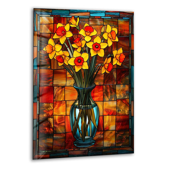 Framed yellow daffodil stained glass wall prints feature an ornate border framing the floral design.