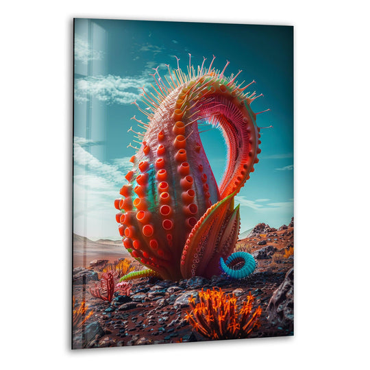 A surreal carnivorous plant artwork features layers of alien flora against a vast, hazy sky with distant mountains.