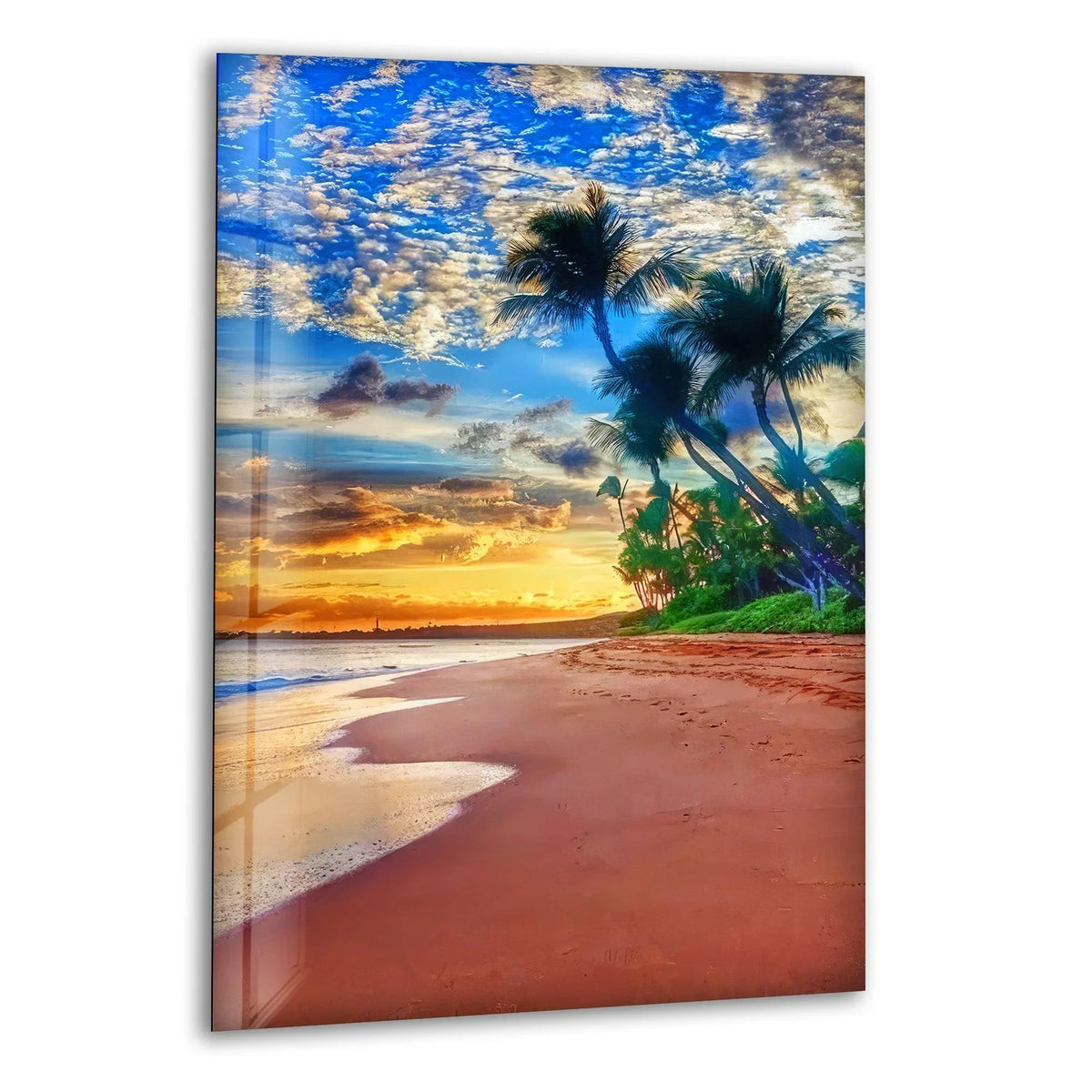 Showcasing the material quality, this Sunset on The Tropic Beach wall art boasts high-resolution glass printing on a tempered glass panel for vivid coastal wall decor.