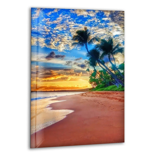 Landscape glass wall art sunset beach and coastal wall decor for a calming paradise themed aesthetic