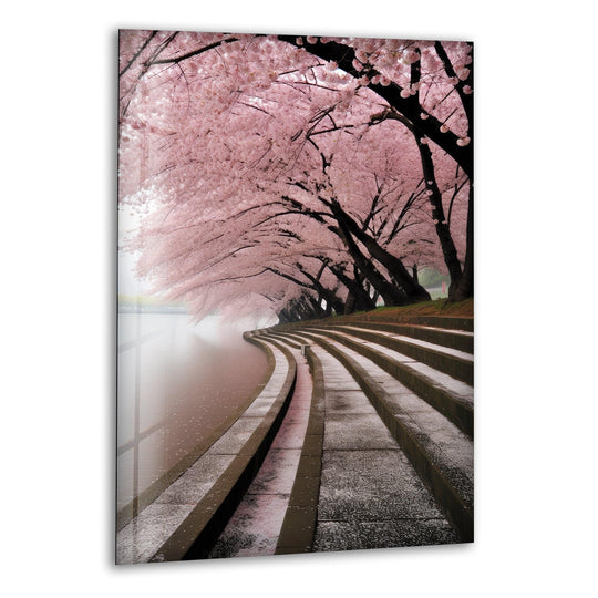 A serene cherry blossom pathway with pink trees arching over a peaceful riverside walkway.
