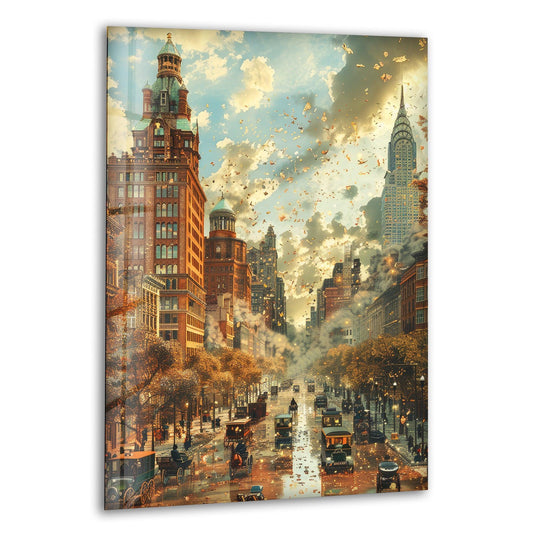 Billowing clouds above the vintage cityscape are the softest element of this old city landscape art from glass, framed on glass wall art.