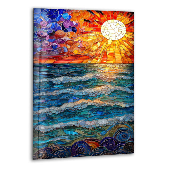 Landscape Ocean Sunset Mosaic glass wall art featuring waves and golden sun with shimmering ocean waves and artistic mosaic detailing