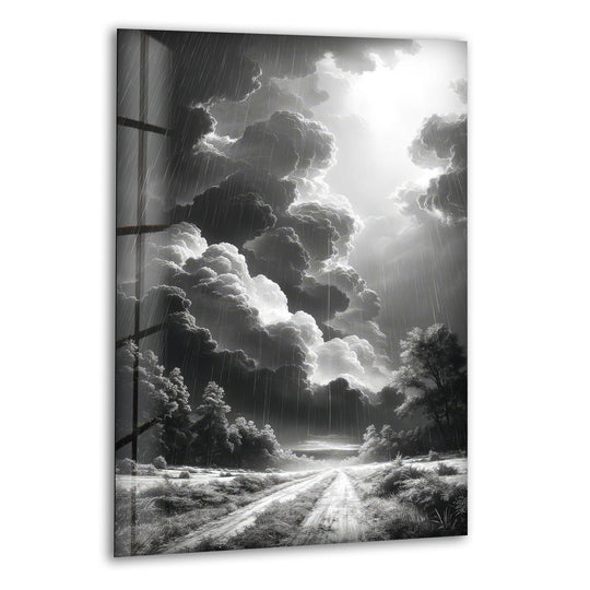 Glass wall art featuring a dramatic black and white stormy landscape.
