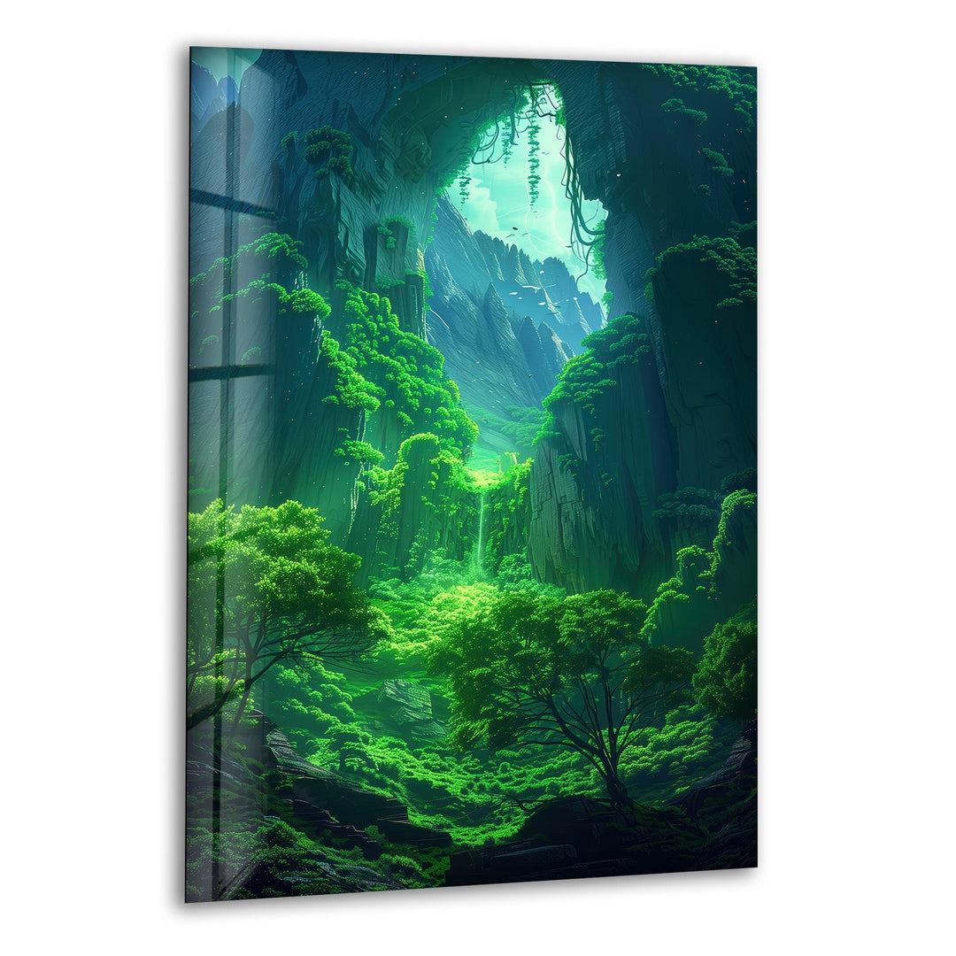 Glass wall art featuring a lush green enchanted forest with towering cliffs.
