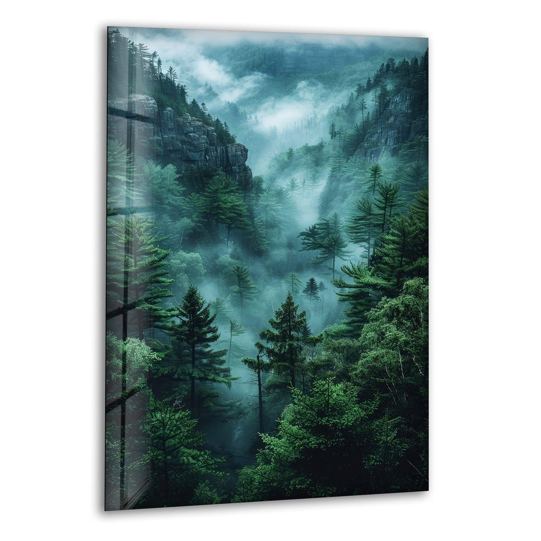 Glass wall art featuring a breathtaking misty forest with lush green trees.
