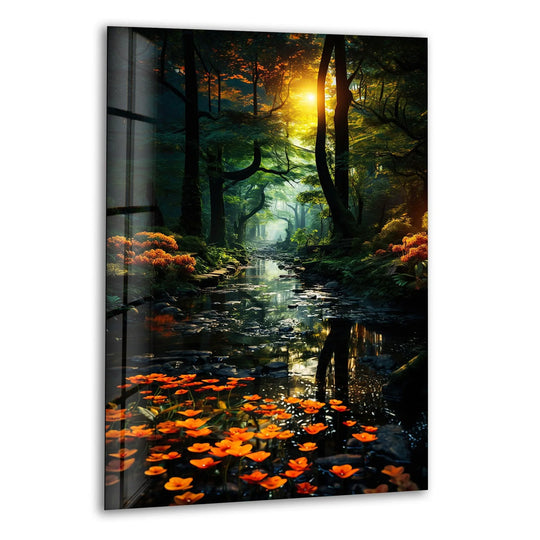 Enchanted forest glass wall art shows a sunlit stream and golden light and vibrant flowers and a serene landscape and tranquil nature scene perfect for nature lovers