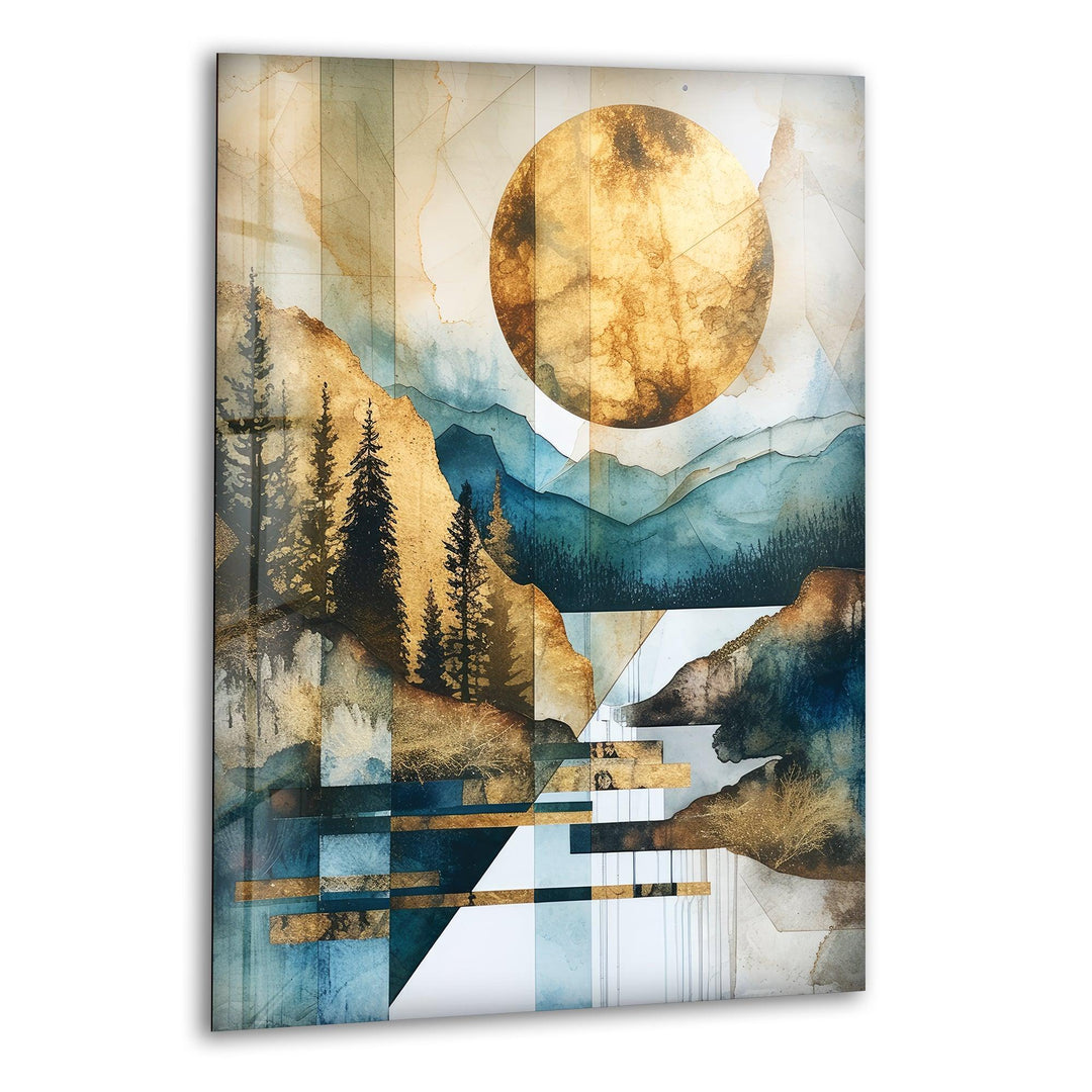 Bright geometric design of mountains and nature with a golden sun on tempered glass.

