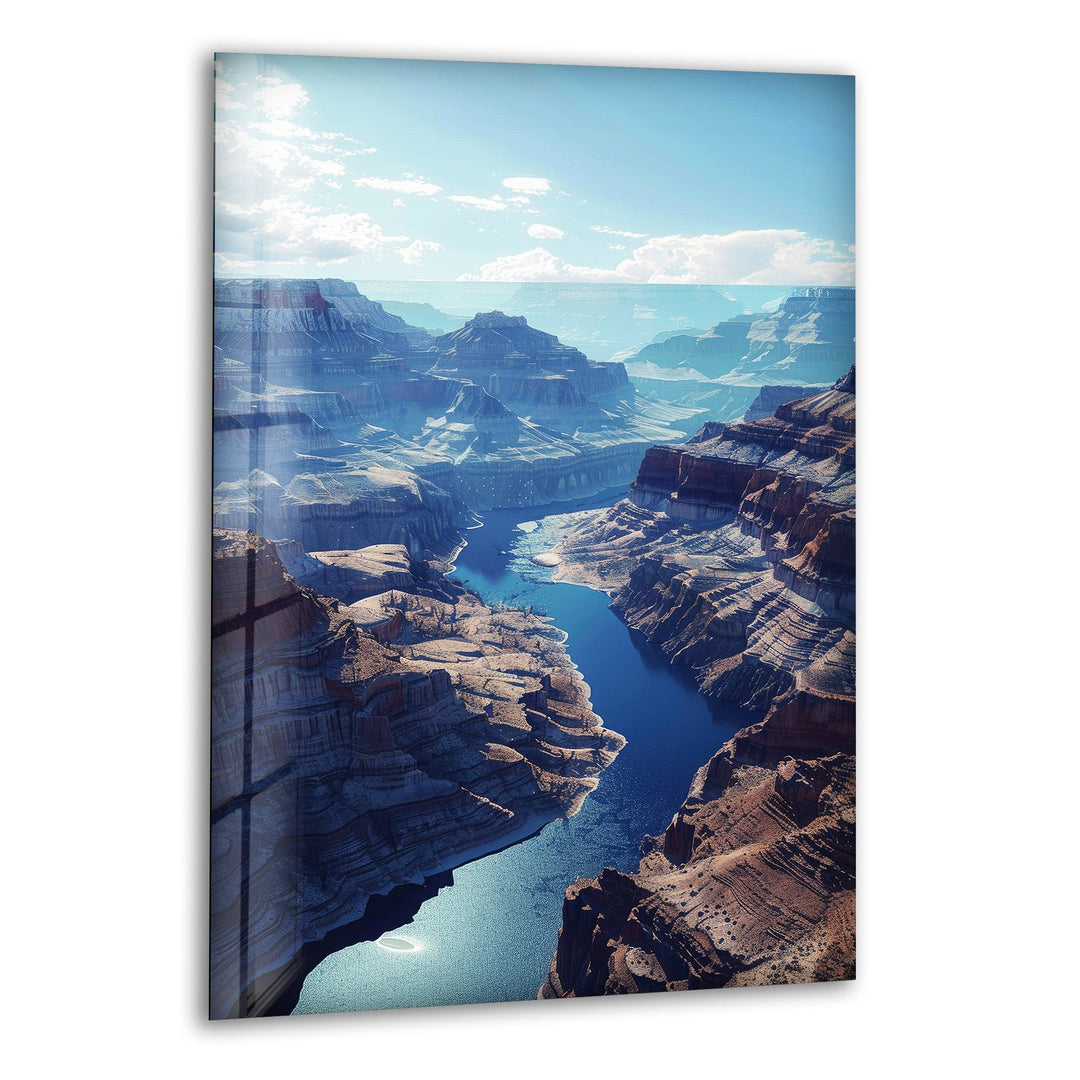 A breathtaking glass wall art featuring the Grand Canyon’s vast cliffs and winding river.
