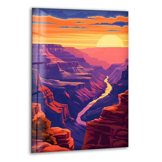 Burnt orange and violet hues dominate this grand canyon glass wall art, creating a vibrant and captivating landscape for your home decor.